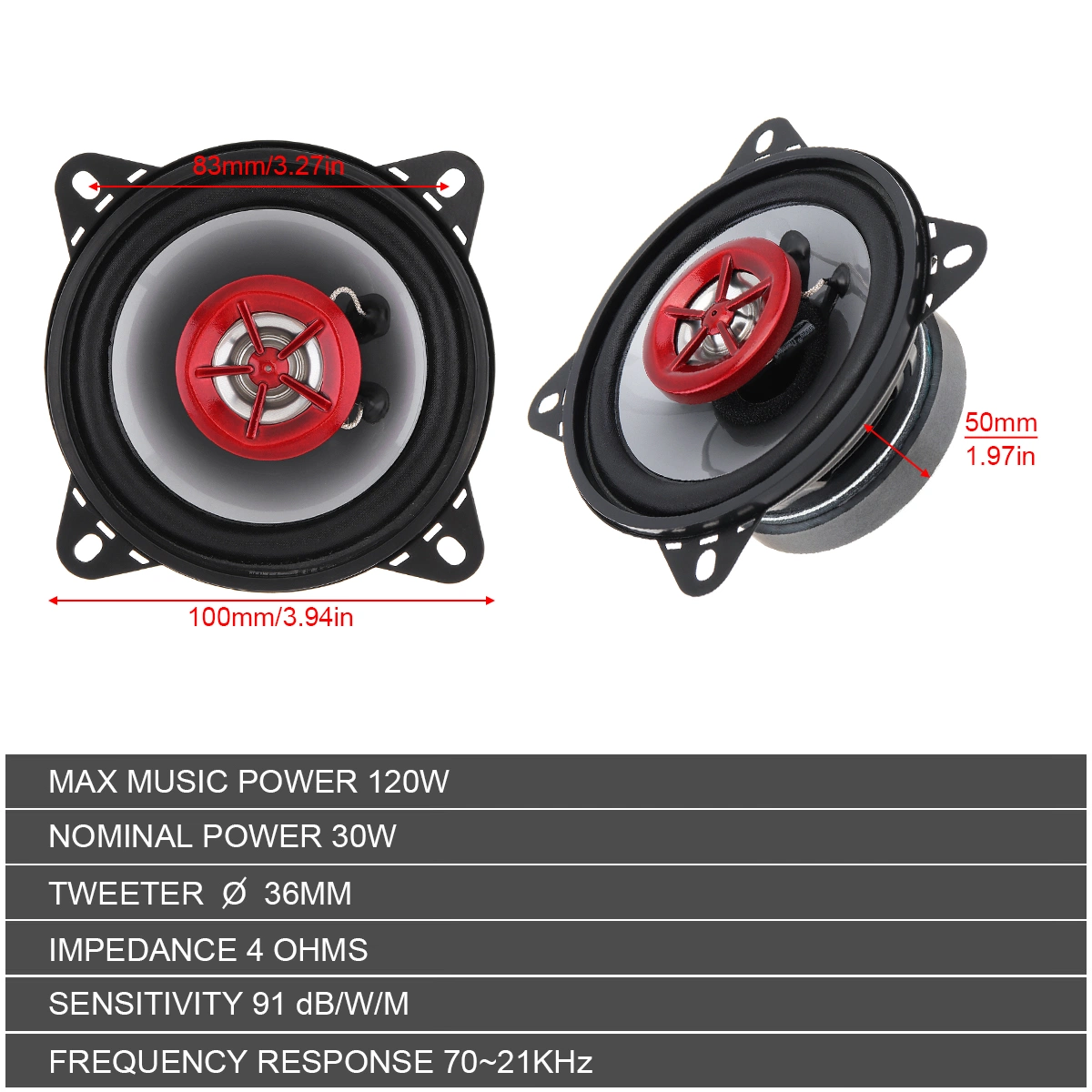 2PCS 4 Inch 120W Universal 2 Way Car Coaxial Speakers Audio Stereo Full Range Frequency HiFi Speaker Non-Destructive