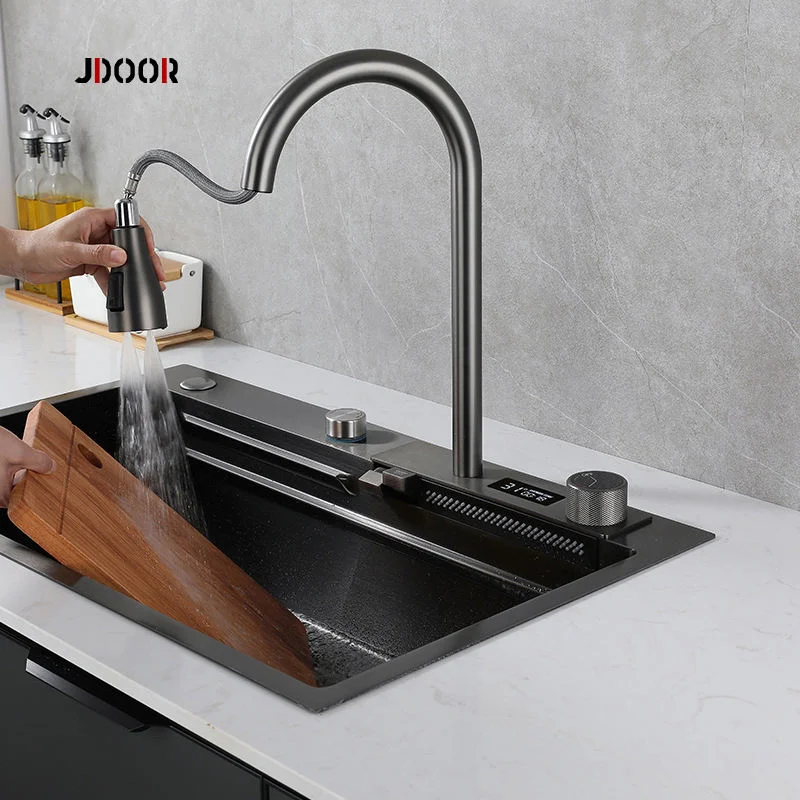 Modern Black Temperature Digital Display Double Bowl Wash Basin 304 Stainless Steel Waterfall Hand Made Kitchen Sink with Waterfall Faucet