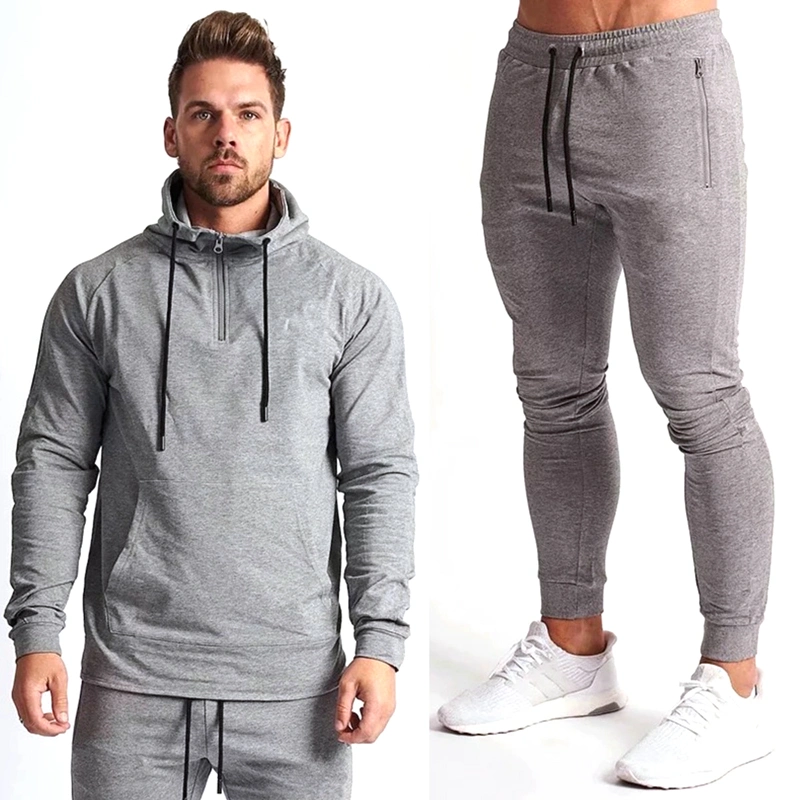 Chándal de manga larga para hombre de 2 piezas con capucha para gimnasio + pantalones de chándal con bolsillo de cremallera + cordón ajustable, a medida Athletic Cotton jogging Sets Sudadera con capucha