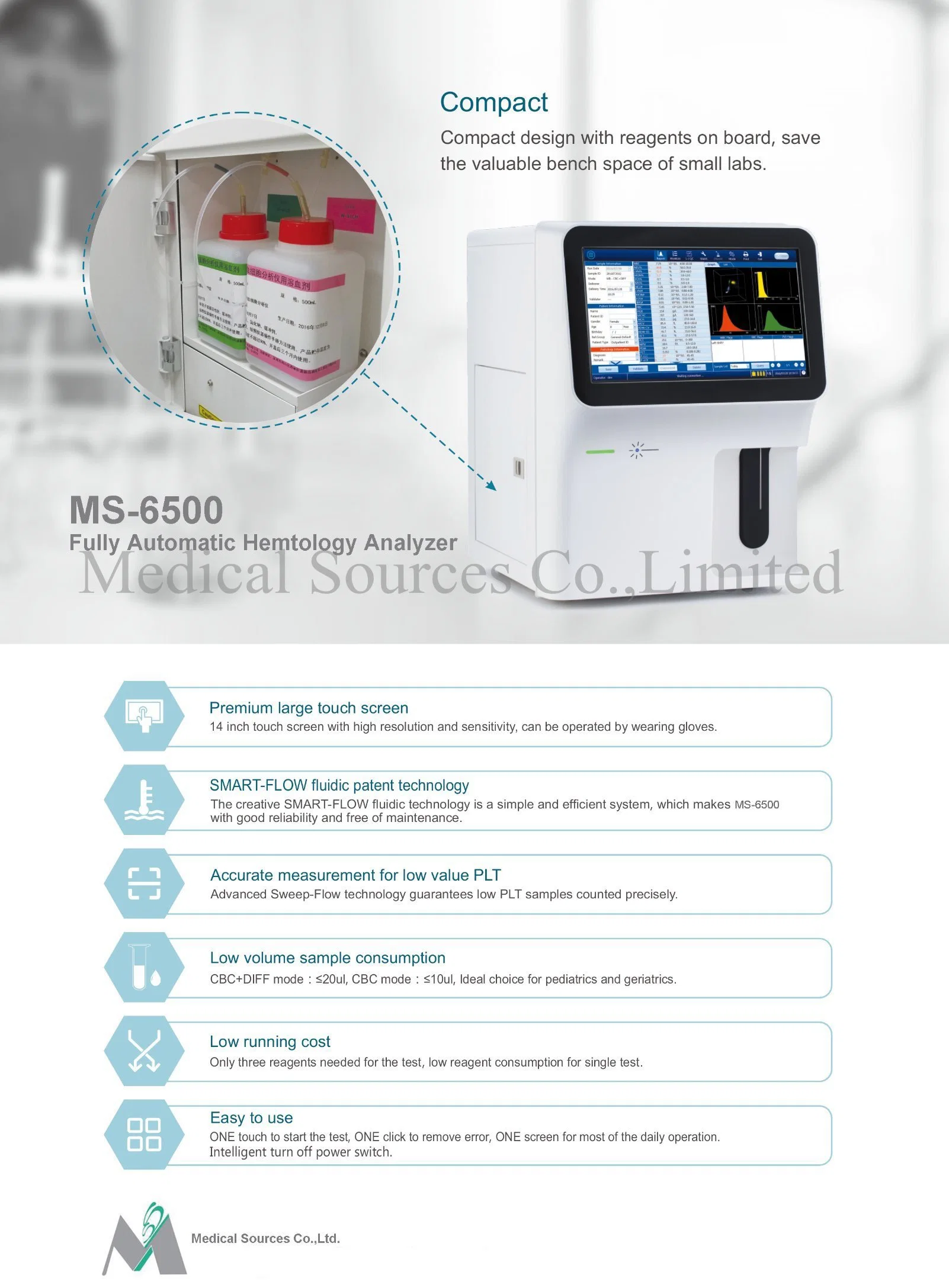 Hospital Diagnosis Five Part 5 Diff Fully Automatic Hematology Analyzer Ms-6500