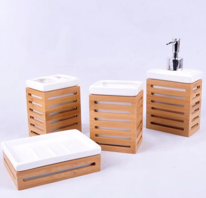 Ceramic 4PCS Bathroom Set with Bamboo Tray