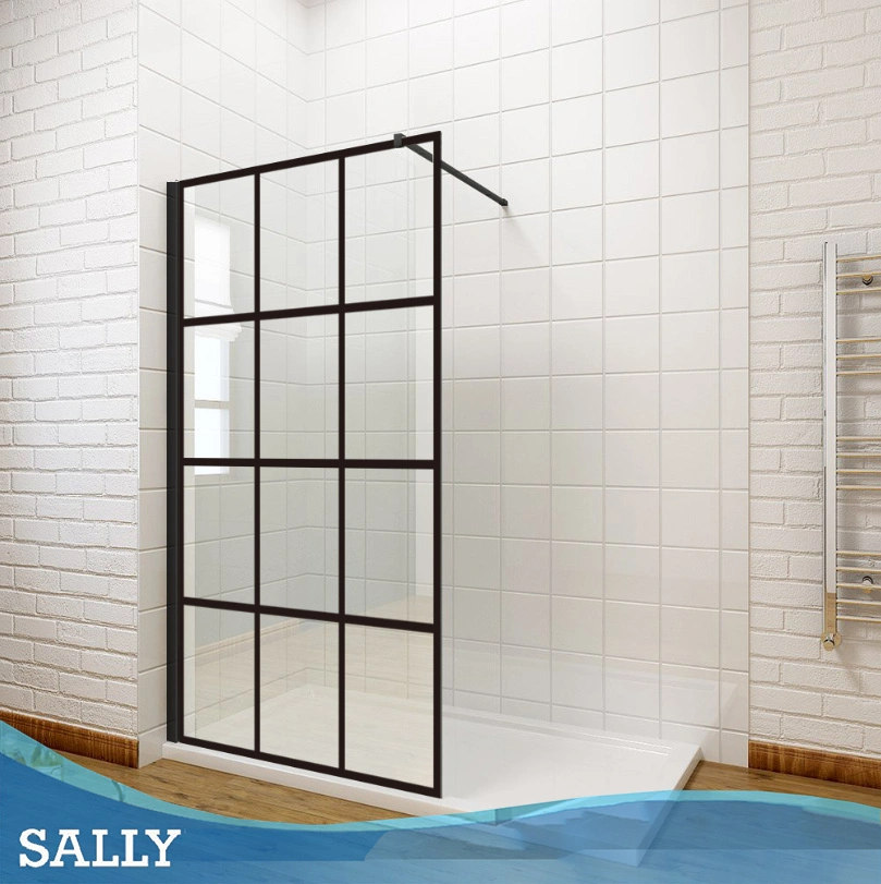 Walk-in Wet-Room Screen Matt-Black Grid Framed 8mm Glass Shower Door