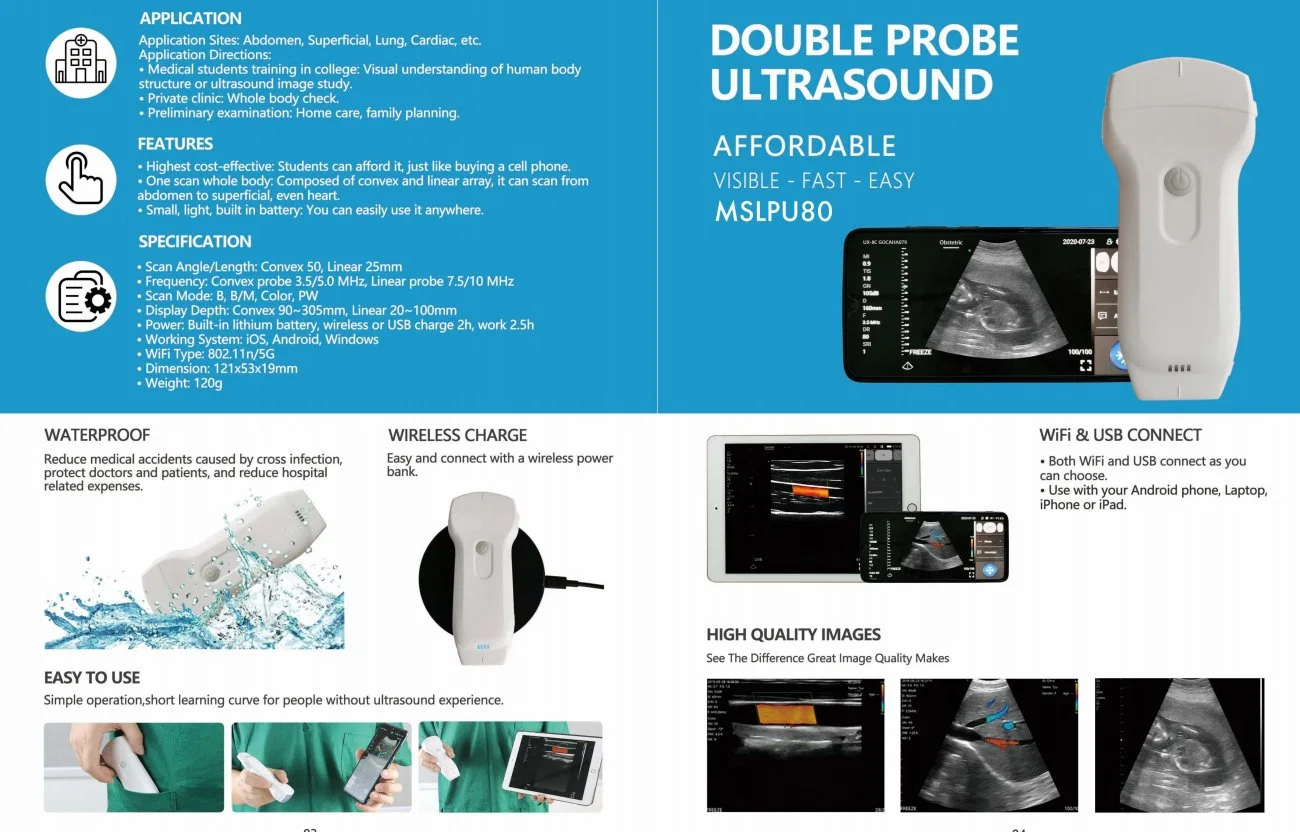 Medical Portable Mini Double Probes Wireless Color Doppler Ultrasound Scanner PU80