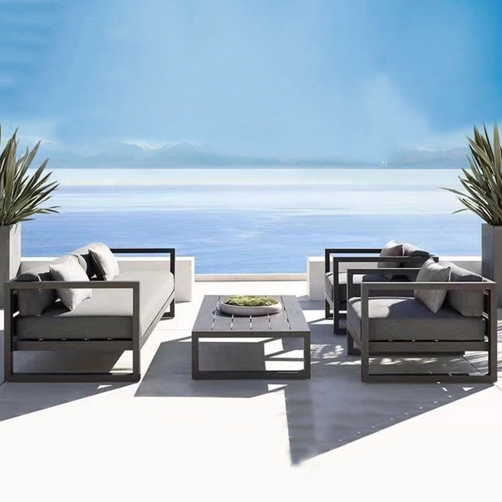 Foshan Hanse 5 Seater Metal Aluminum Wooden Sitting Corner Sofa Luxury Villa Outdoor Royal Furniture