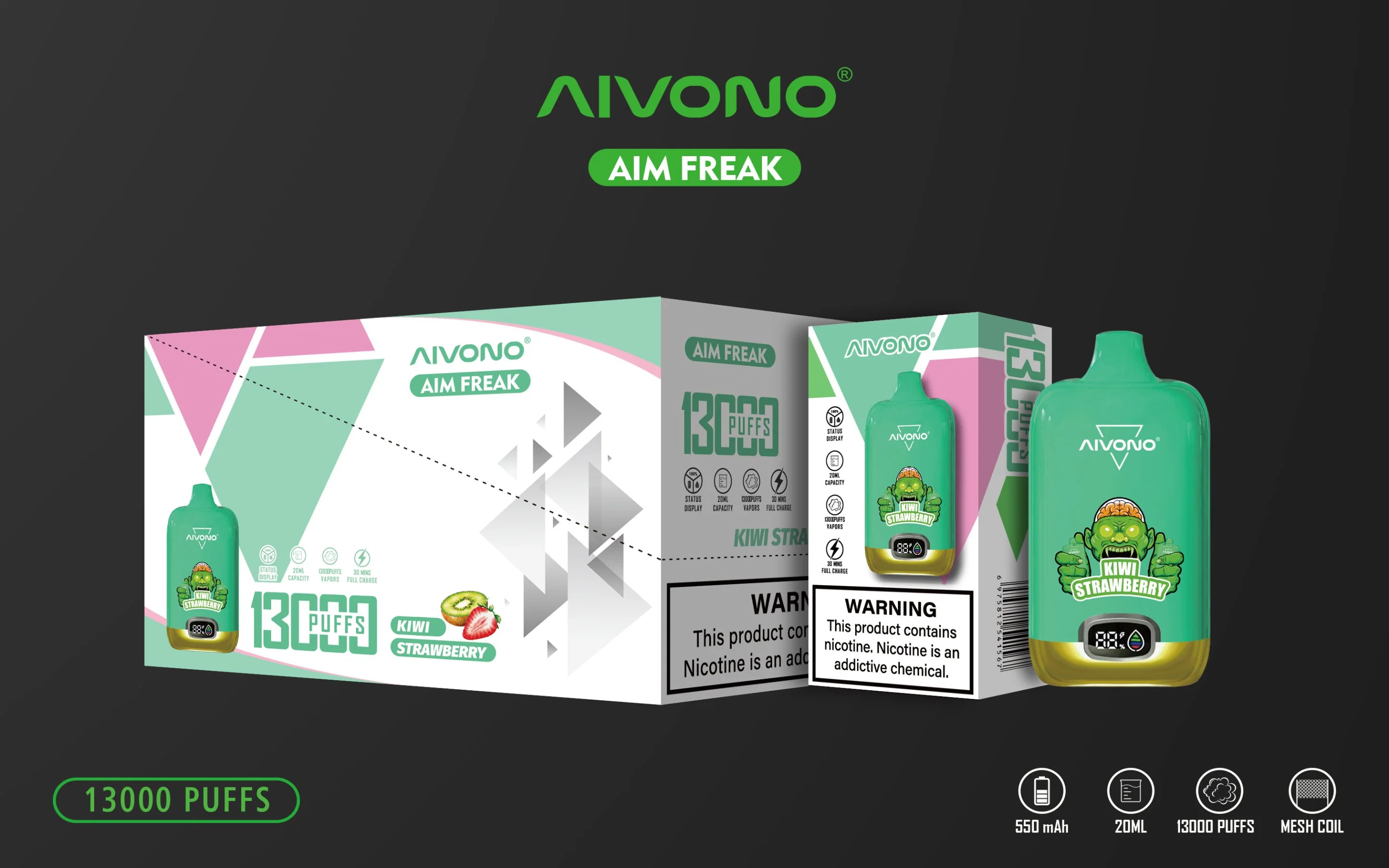 Aivono وصول جديد Aivono Aim Freak 13000 Fumot Digital Box 12000 شاشة عرض حالة الأصفاد سعة 20 مل قلم مستدق إلكتروني قابل للاستخدام مرة واحدة القرد السجائر