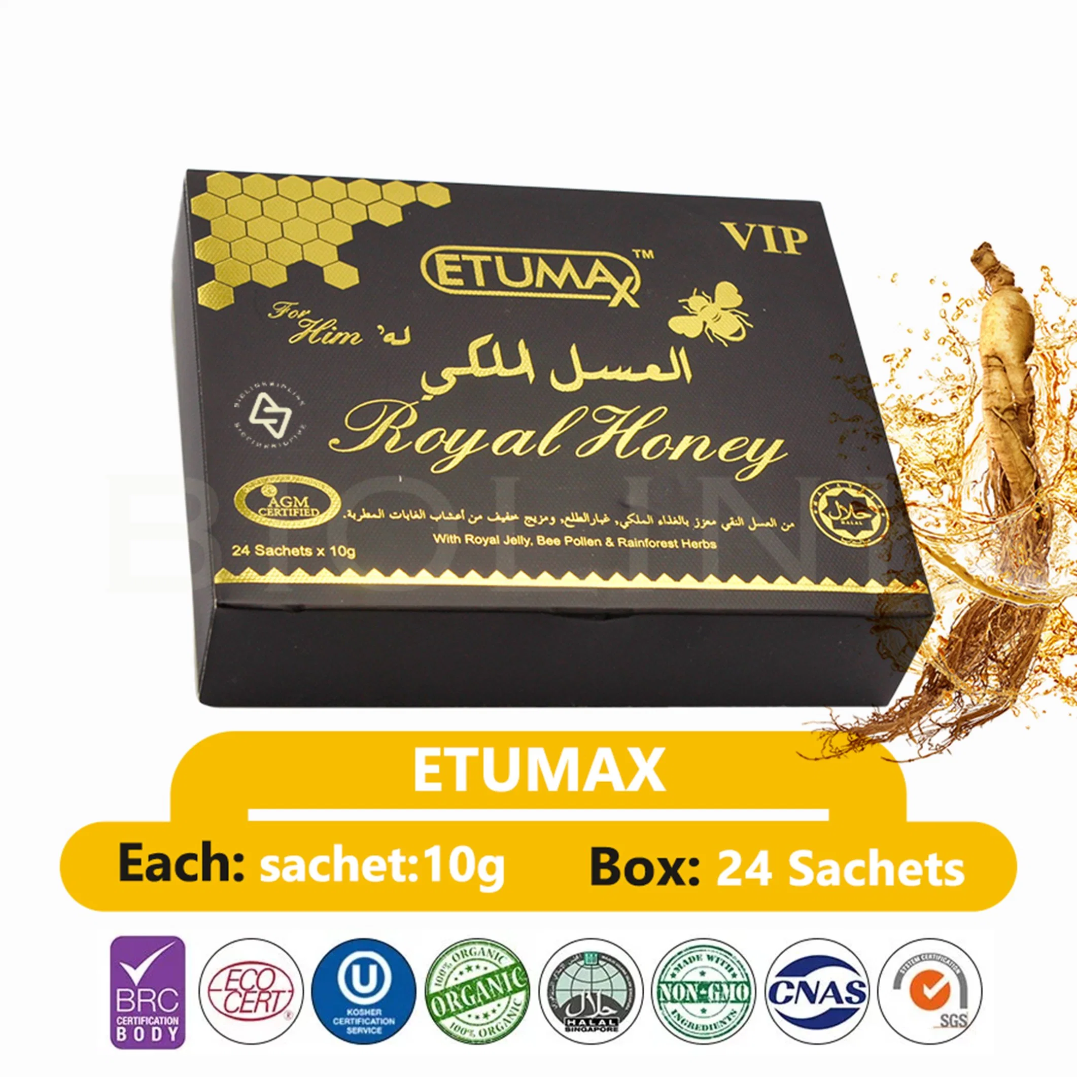 Oriente Medio garantizado Etumax Halal de miel real 50box 24 sobres de envío gratis de Jalea Real