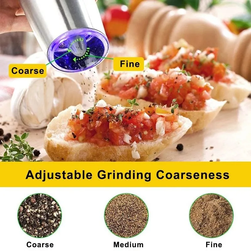 Silver Battery Powered Light Automatic Operation Stainless Steel Gravity Electric Mill Pepper Salt Grinder Set