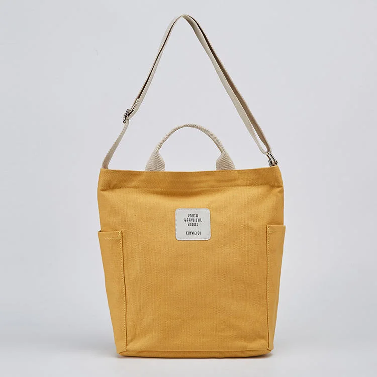 2023 Custom Fabric Heavy Canvas Cotton Women Handbag Shoulder Bag Canvas Tote with Outside Pockets