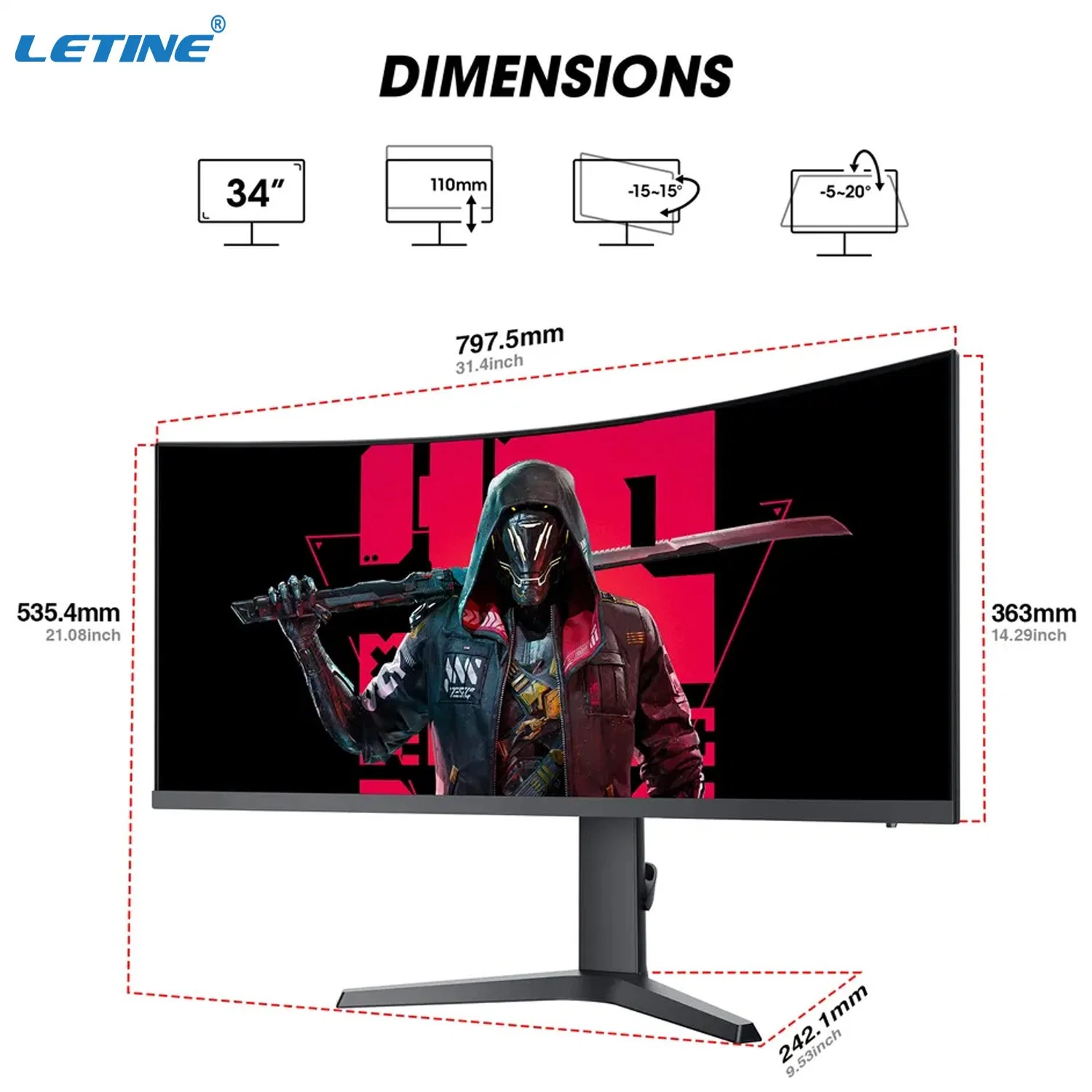 Wholesale/Supplier Price 34 Inch Curved Monitor Anti-Blue Light 165Hz Computer Screen PC Monitor 4K Gaming Monitors