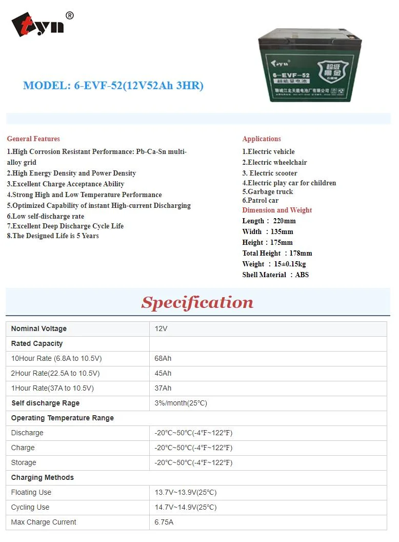 6-Evf-52 свинцово-кислотный аккумулятор для E-Bike 12 В аккумуляторной батареи 12V52ah свинцово-кислотного аккумулятора дальнего радиуса действия