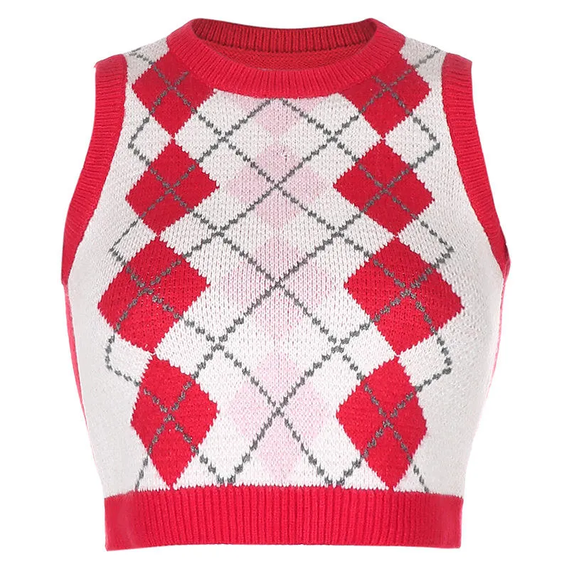 Women's Y2K Haut de la récolte sans manches Pull col V côtelée Plaid tricoté pull pour les jeunes