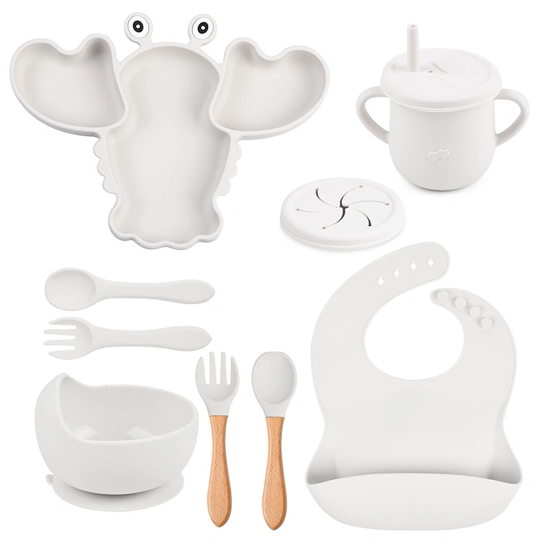 Food-Grade Silicone Baby Dinner Plate Baby Suction Cup Soft Spoon High-Temperature Resistant Water Cup Anti-Falling Bib Set FDA LFGB