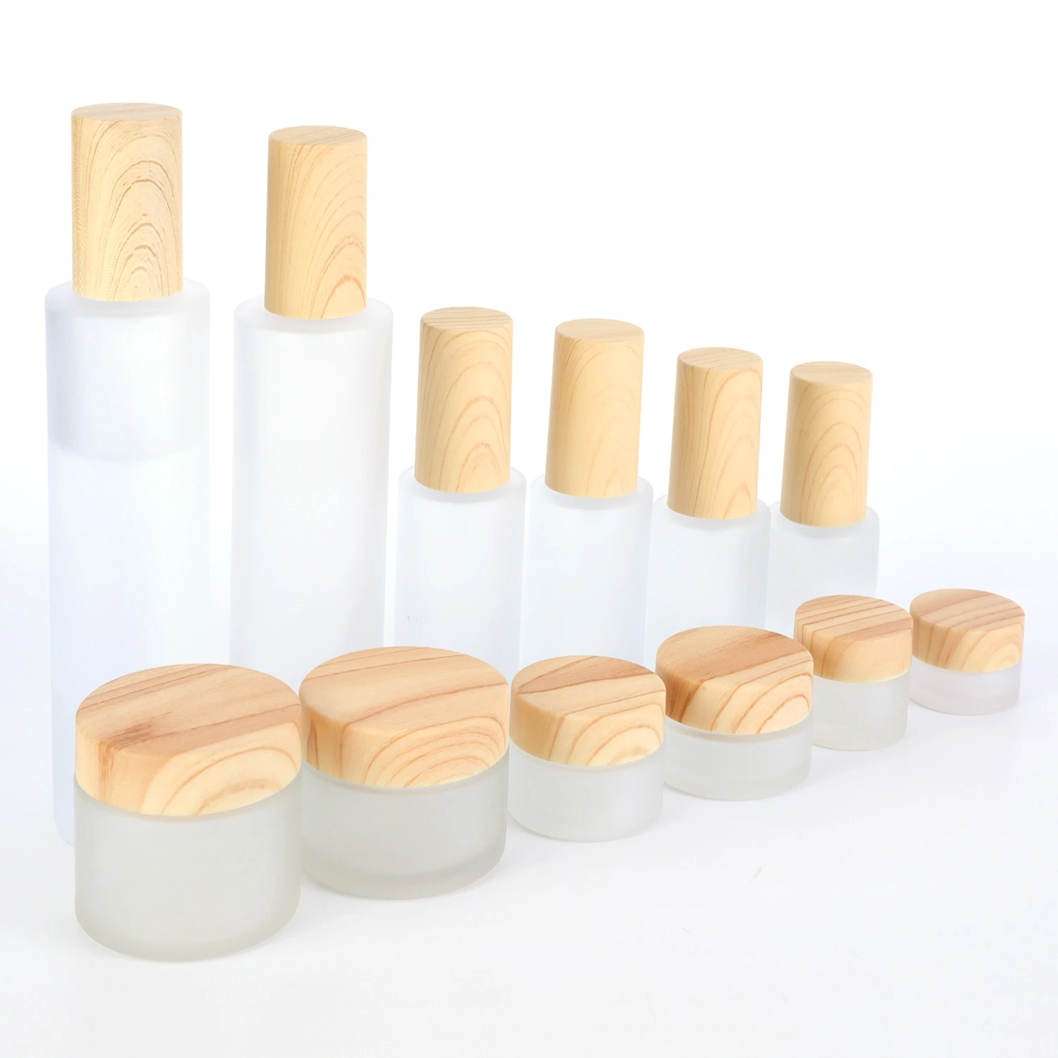 Eco-Freindly Frosted Cosmetic Packaging Container Glass Bottles Spray Pump Perfume Bottle Glass Jar with Bamboo Cover Cap