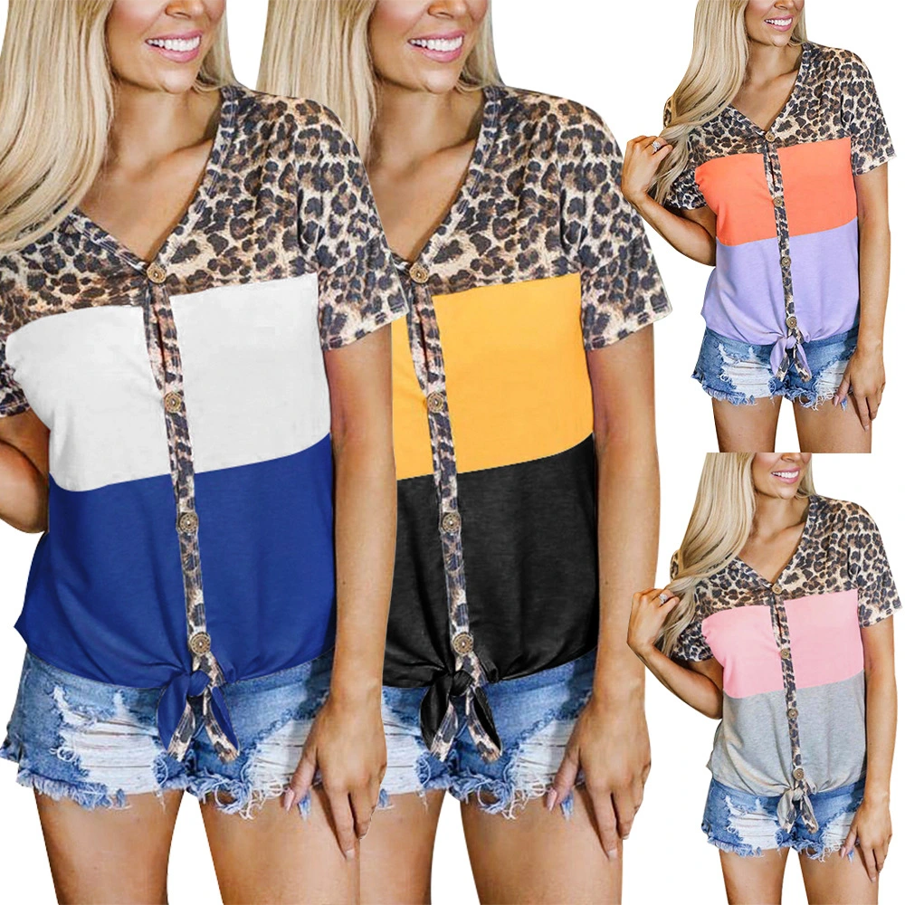 Superventas de la moda de la mujer Leopard costuras V-cuello Cardigan Short-Sleeved T-Shirt Dama camisetas T-Shirts Casual