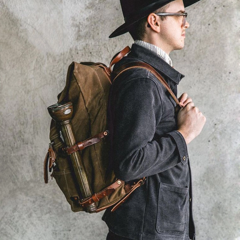 El suelo al aire libre de residuos retro de gran capacidad de cera de aceite de la mochila de cuero impermeable lienzo Montañismo Viajes Camping Mochila estilo militar