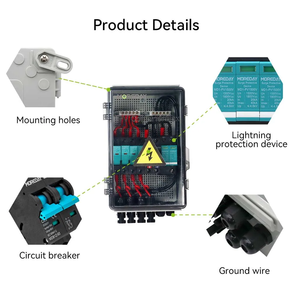 IP65 4 in 1 out 15A 4 String Solar PV Array Plastic DC Combiner Box, Mc4 Connector, Lightning Surge Protector MCB Lock Indicator