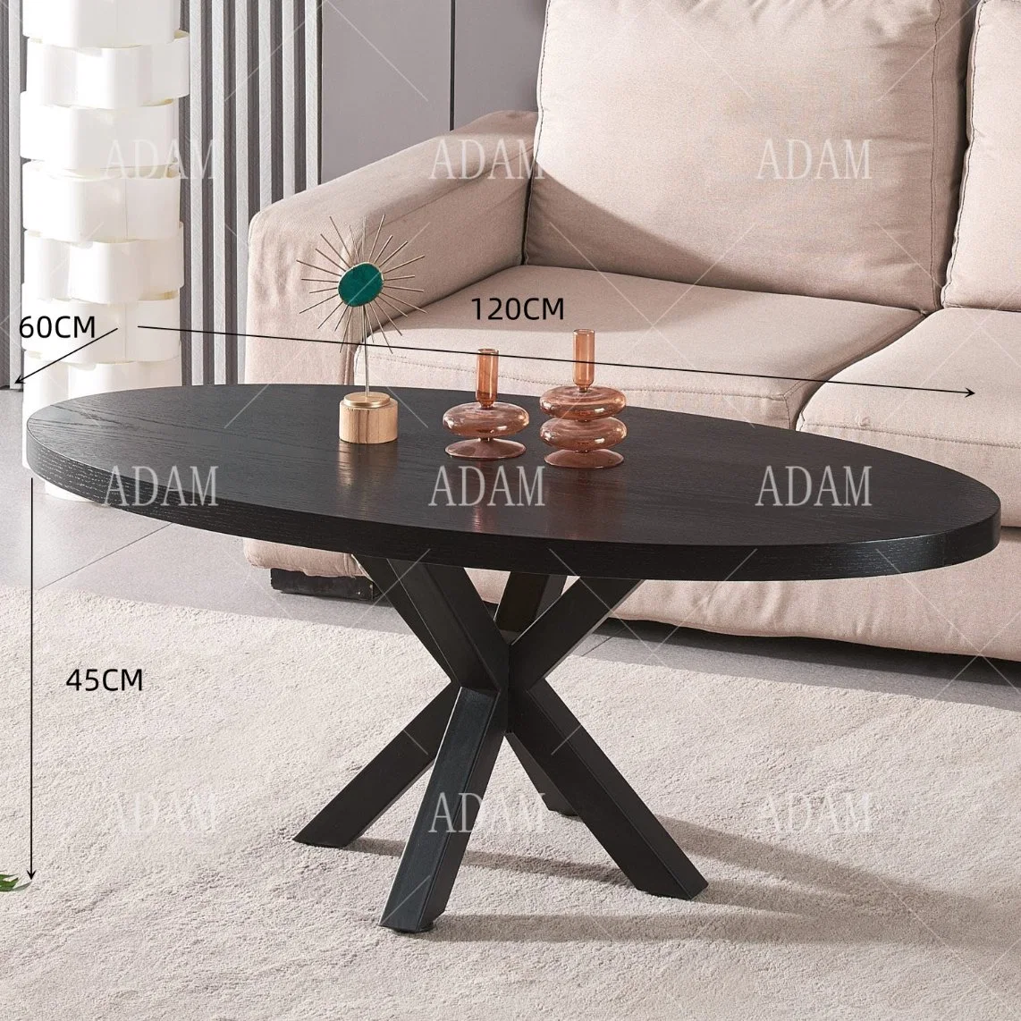 Hot Sale China Wholesale/Supplier Black Veneer Wood Oval Coffee Table with Steel Black Powder Coating