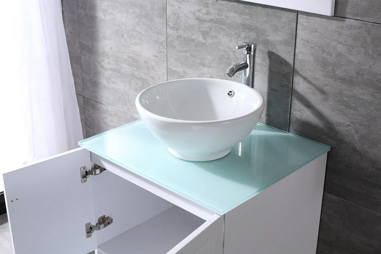 24" PVC Cuarto de baño de cerámica de vanidad buque fregadero superficie de cristal W/Conjunto de espejos Muebles de Baño blanco