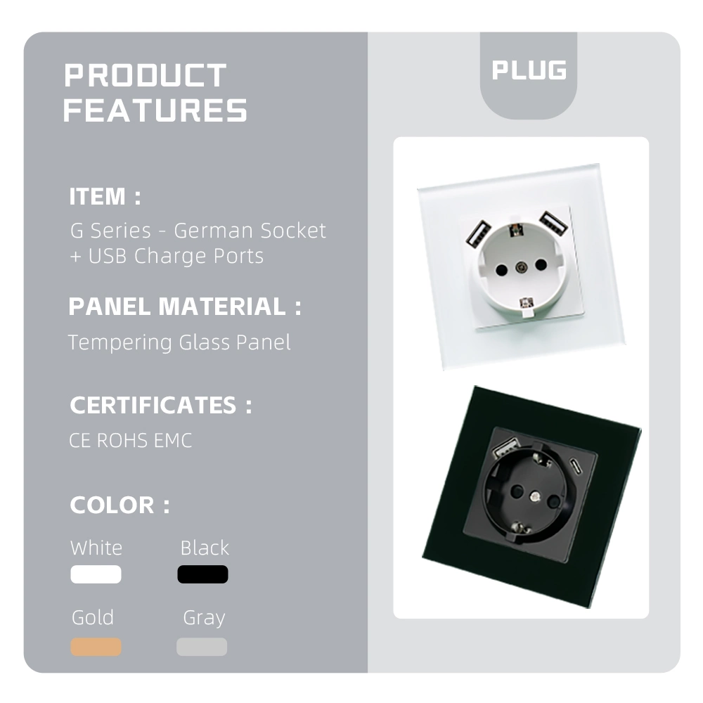 CE RoHS EMC Certificated German Socket Electrical Socket with Type a+C /a+a Glass Plate Socket