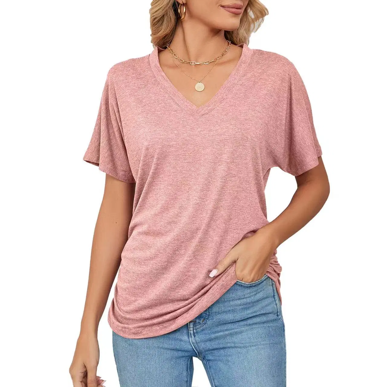 Summer New Casual Pullover V-Neck Solid Color Loose T-Shirt Ladies Blouse