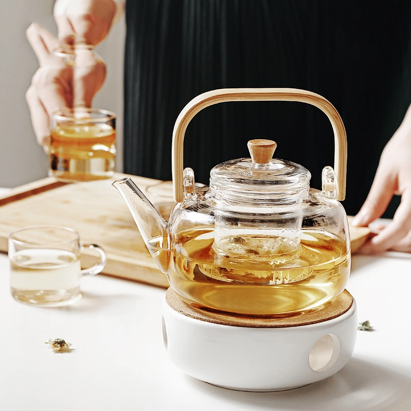 Household Thick Heat Resistant Explosion Proof Glass Tea Pot with Wooden Handle High Borosilicate Glass Teapot 1000ml