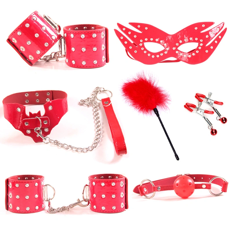 7-Piece Bed Bondage Blindfolded Rhinestone Shiny Leather Bondage Set