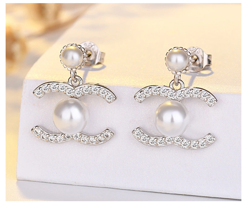 Simple Pearl Earrings Temperament Gold Color Set Diamond Letter Earrings