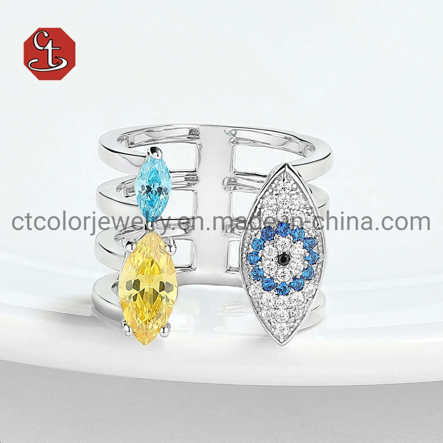 Fashion Jewelry Opening Evil Eye Silver Ring Color Cubic Zirconia Stones or Brass Ring Jewellery