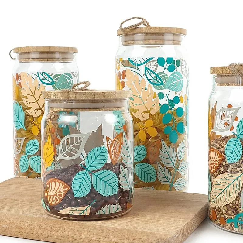 Set of 4 High Borosilicate Glass Decal Pattern Storage Container Jar with Wooden Lid