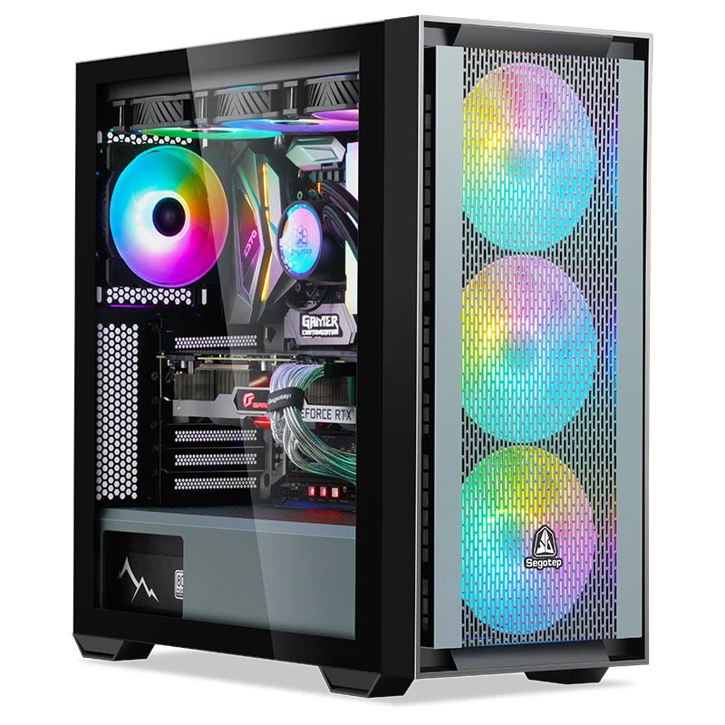 June-Segotep-Gray-Gank360- 2pcs bahías HDD de 3,5 pulgadas- Water-Cooling-ATX Meshes-Gaming de vidrio -caso ordenador PC o la carcasa