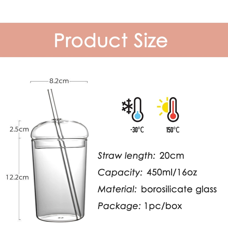 Hot Sale Unique 450ml 16oz Glass Clear Smoothie Water Coffee Cups with Dome Lid and Straw