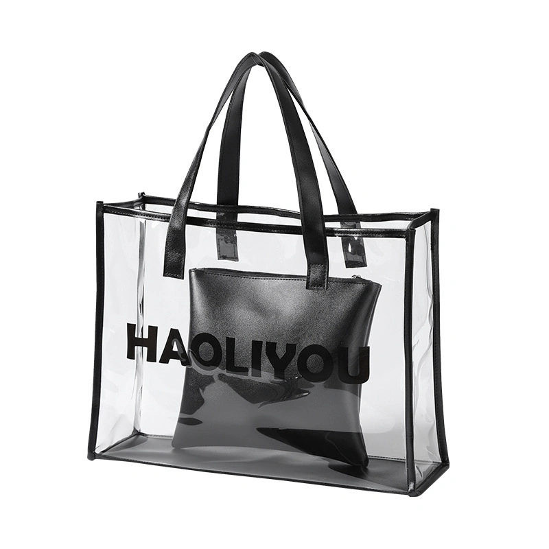 Transparent Handbag for Women PVC Large Capacity Beach Tote Bag Clear Bag Travel Ladies Shoulder Bag with Purse