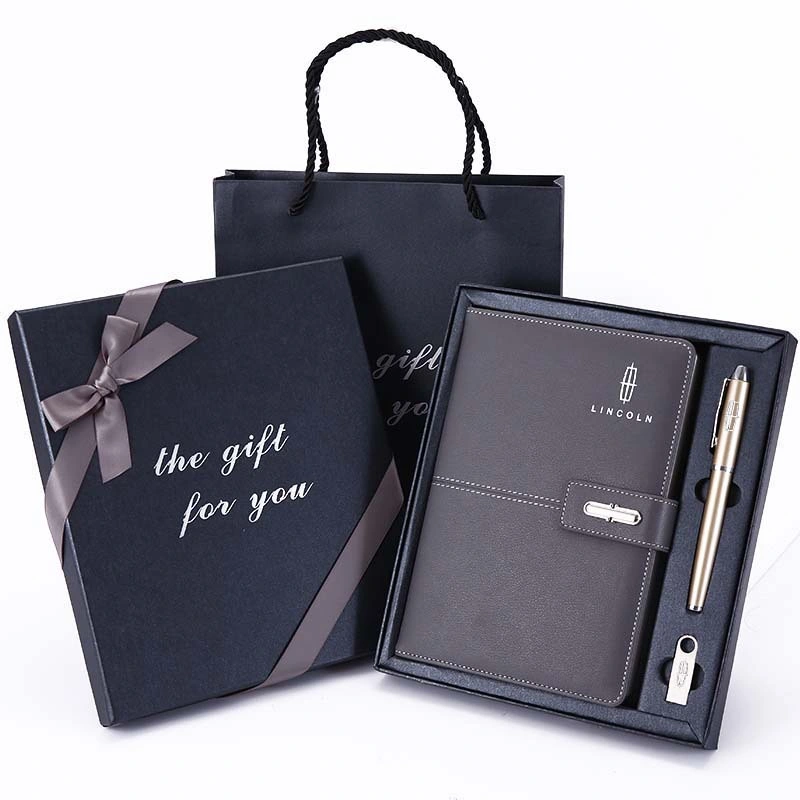 Custom Style A5 Paper PU Leather Ofiice Stationery Notebook Promotion Gift Set with Pen and USB