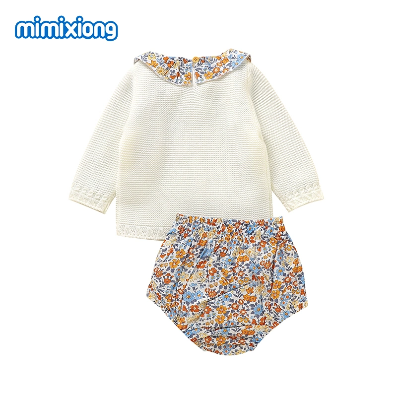 Mimixiong Wholesale/Supplier Infant Baby Clothing Soft Warm Flowers Pattern Baby Knitted Pullover Sweater and Pants Sets for Girls