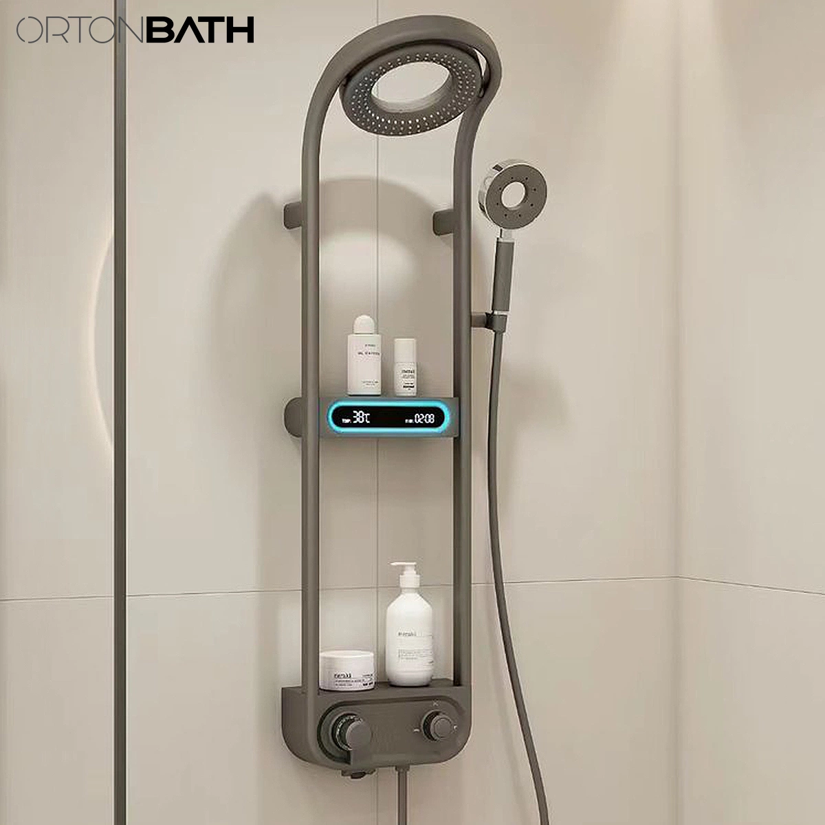 Ortonbath Intelligente Temperaturregelung Digital-Display Dusche Set Storage Rack Lagertisch Druckbeaufschlagte Regendusche Set