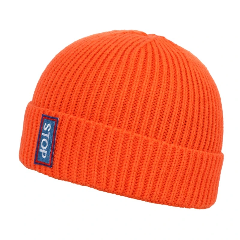 High Quality Rib Knitted Cap Fisherman Beanie Hat with Embroidery Woven Label