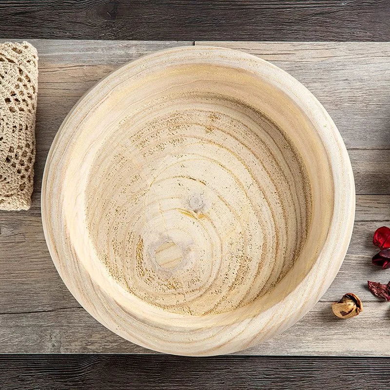 Decorative Wood Bowl Hand Carved Centerpiece Paulownia Round Dough Serving Wooden Bowls