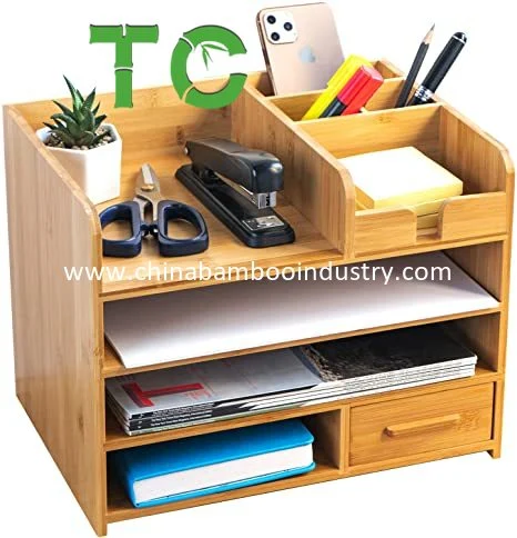 Factory Price 4-Tierbamboo Desktop Organizer Office Desk File Organizer with Drawer Desktop Sorter