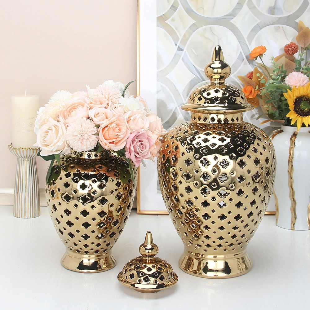 J126g Nordic Ceramic Dry Flower Arrangement Porcelain Hollow out Vase Gold Ginger Jar Luxury Home Decor