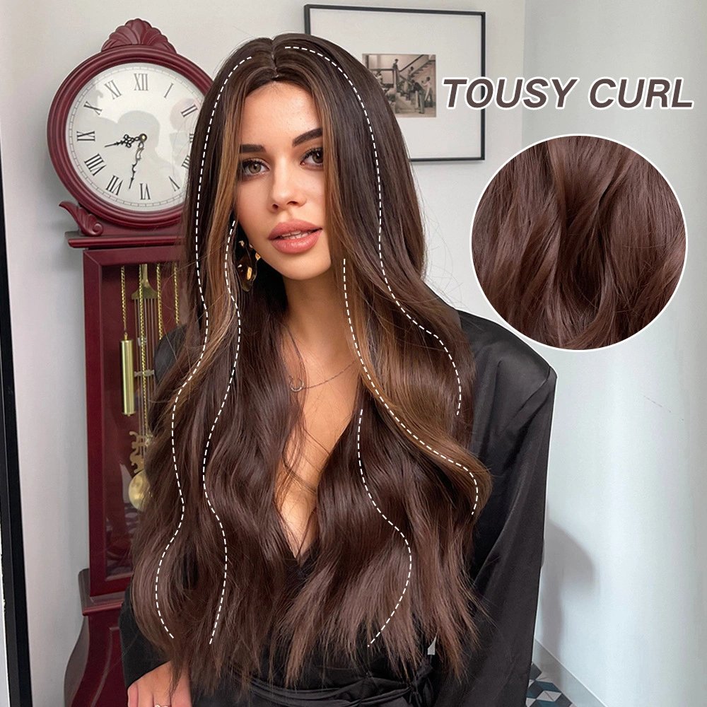 26inch Long Wavy Synthetic Wigs Ombre Brown Middle Part Human Hair Wig for Brazilian Curly Hair Women