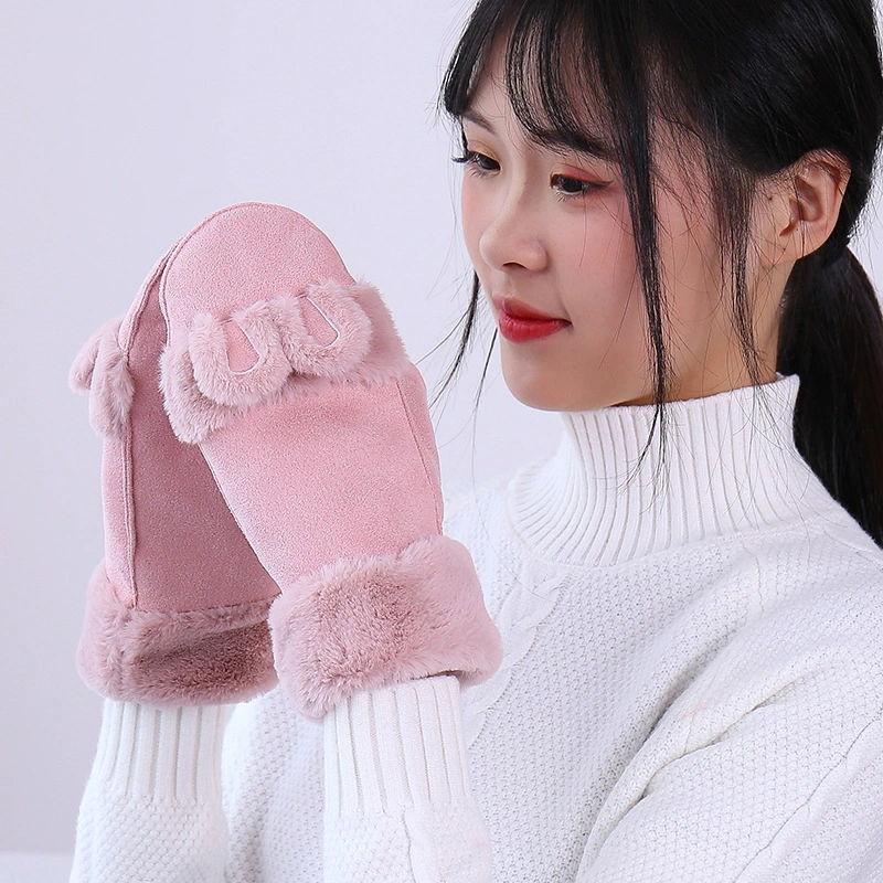 Women's Winter Full Fingers Suede Rabbit Ears Cycling Velvet Thickened Warm Plush Student Gloves