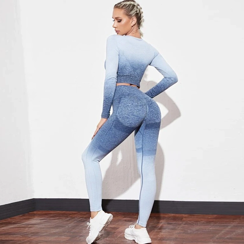 Seamless Women Sports Suit Fitness Gradient Yoga Set Push up Workout Gym Leggings Running Clothing Tracksuit Sportswear