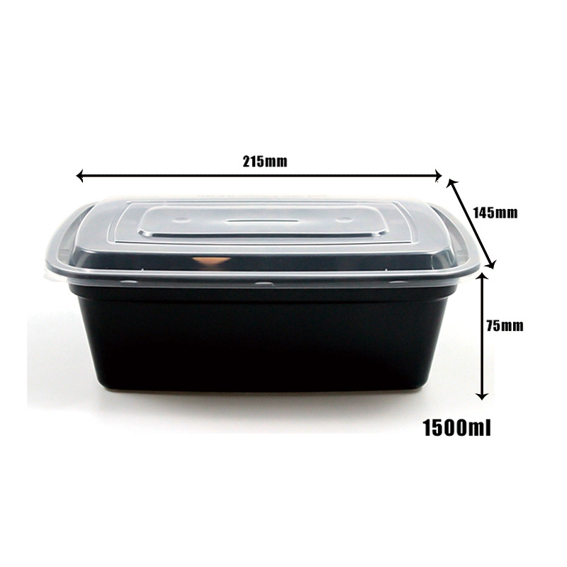 Takeaway Box Disposable Plastic Tableware 1500ml PP Plastic Black Food Container with Lid Clear Custom