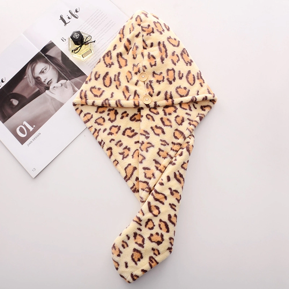 Quick Drying Large Microfiber Turban Towel with Buttons Hair Towel with Leopard Printing