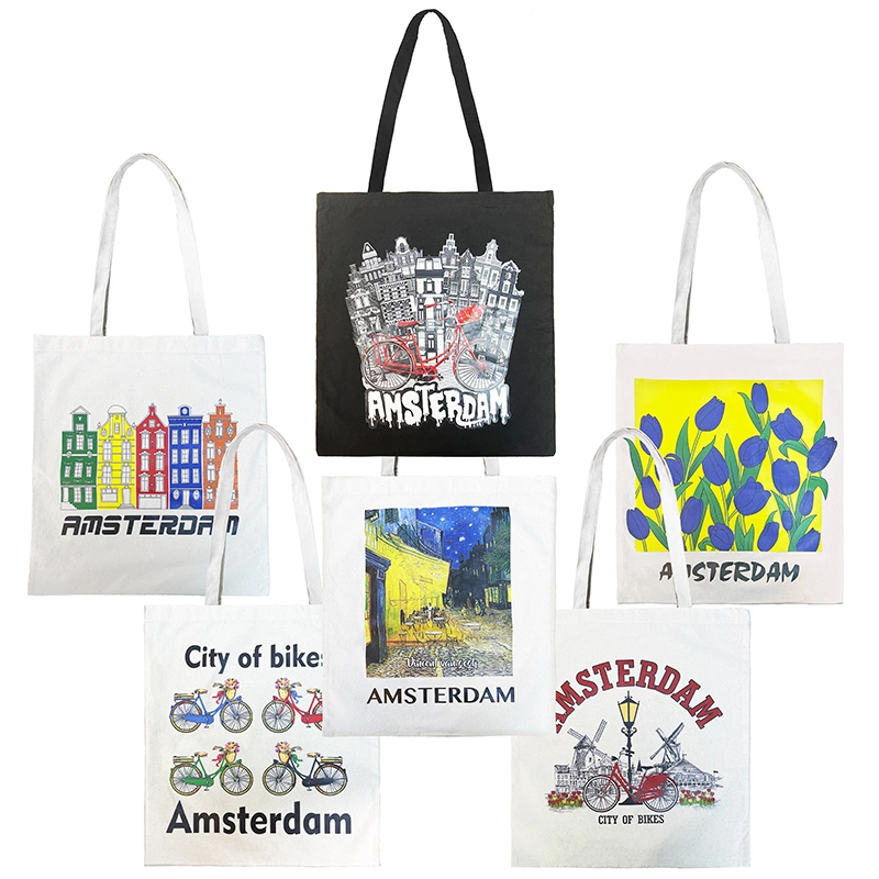 Custom Logo Printed Amsterdam Cities Eco Recycled Cotton Canvas Tote Bag