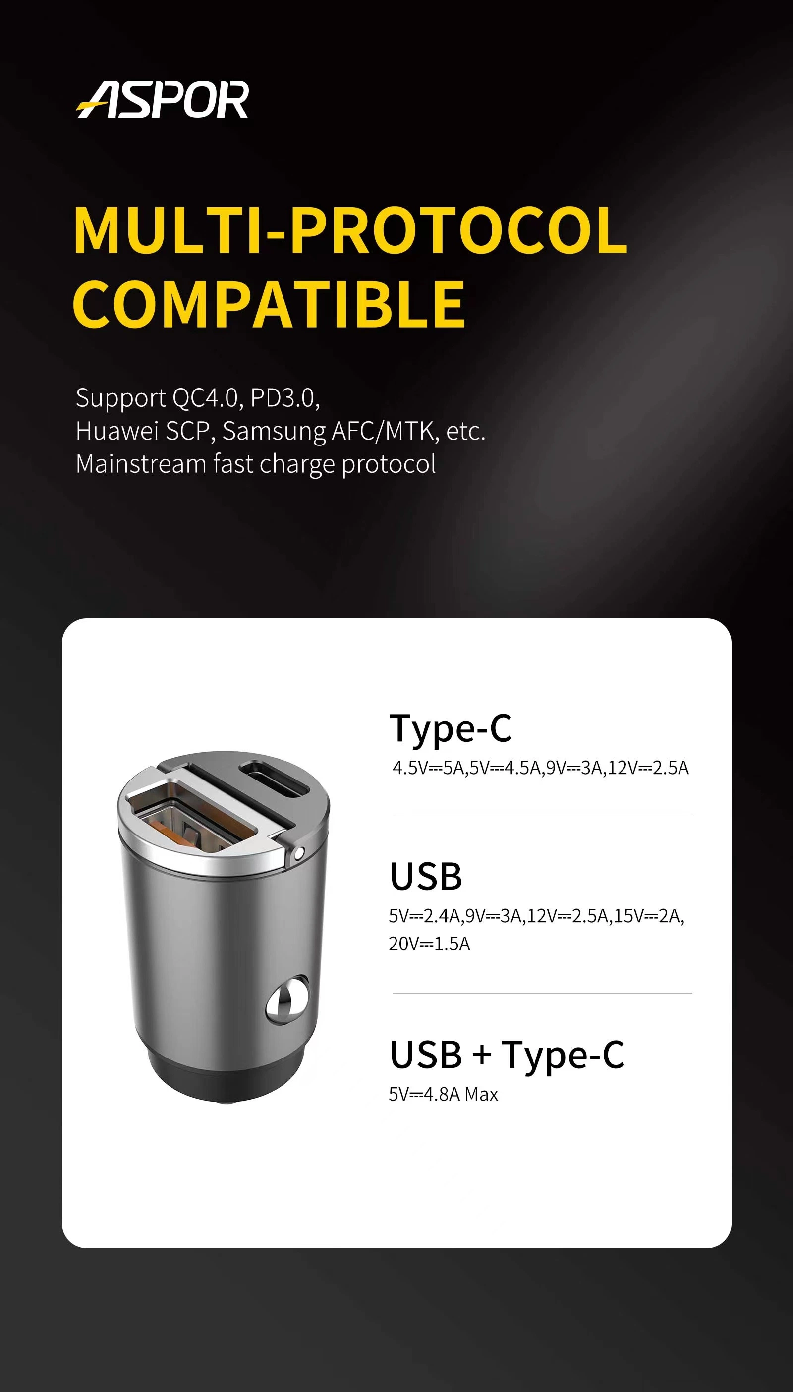 Aspor Dual USB 2USB 30W Mini Car Charger Smart Fast Charging QC3.0 in-Car Charger/2-in-1 in-Car Charger USB Port Portabe Power Plug for Smartphone