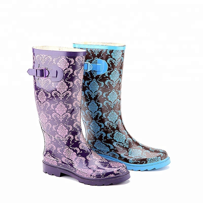 Hotsale Personalized Matt Finish Shine Fancy Pattern Printing Rubber Thigh High Heel Ladies Wellies Rain Boots Online