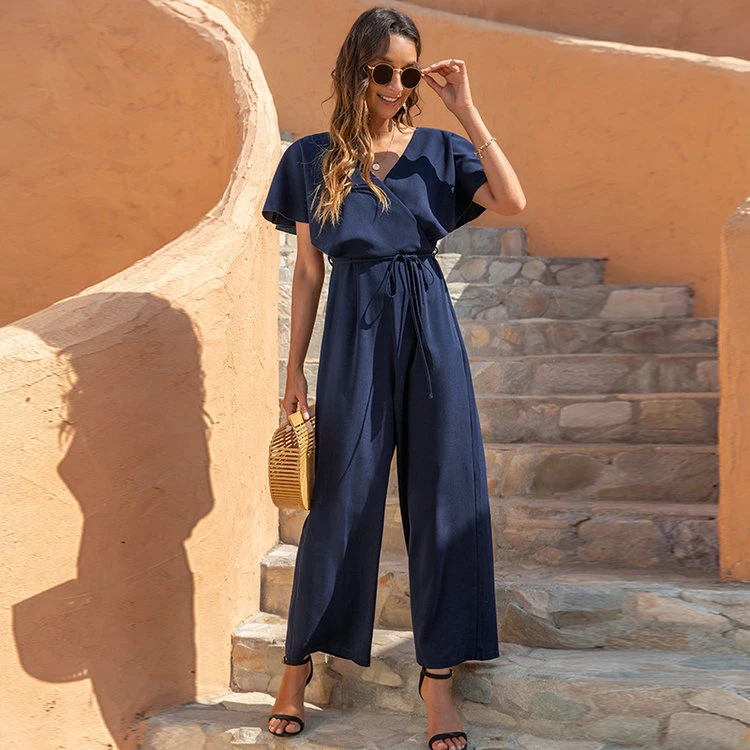 V-Neck Fashion Casual High Waist Loose Jumpsuit Dress