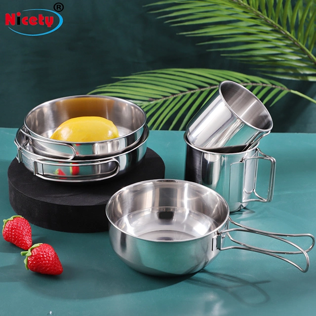 Großhandel 5pcs Outdoor Camping Edelstahl Kochgerät Pot Set Kochgeschirr-Set