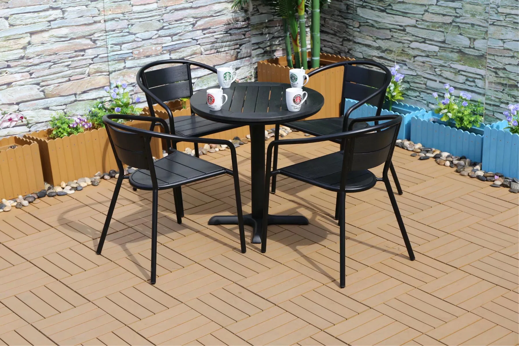 High quality/High cost performance  Outdoor Courtyard Garden Dining Metal Aluminum Frame PS Plastic Wood Table and Chair Combination Furniture Set